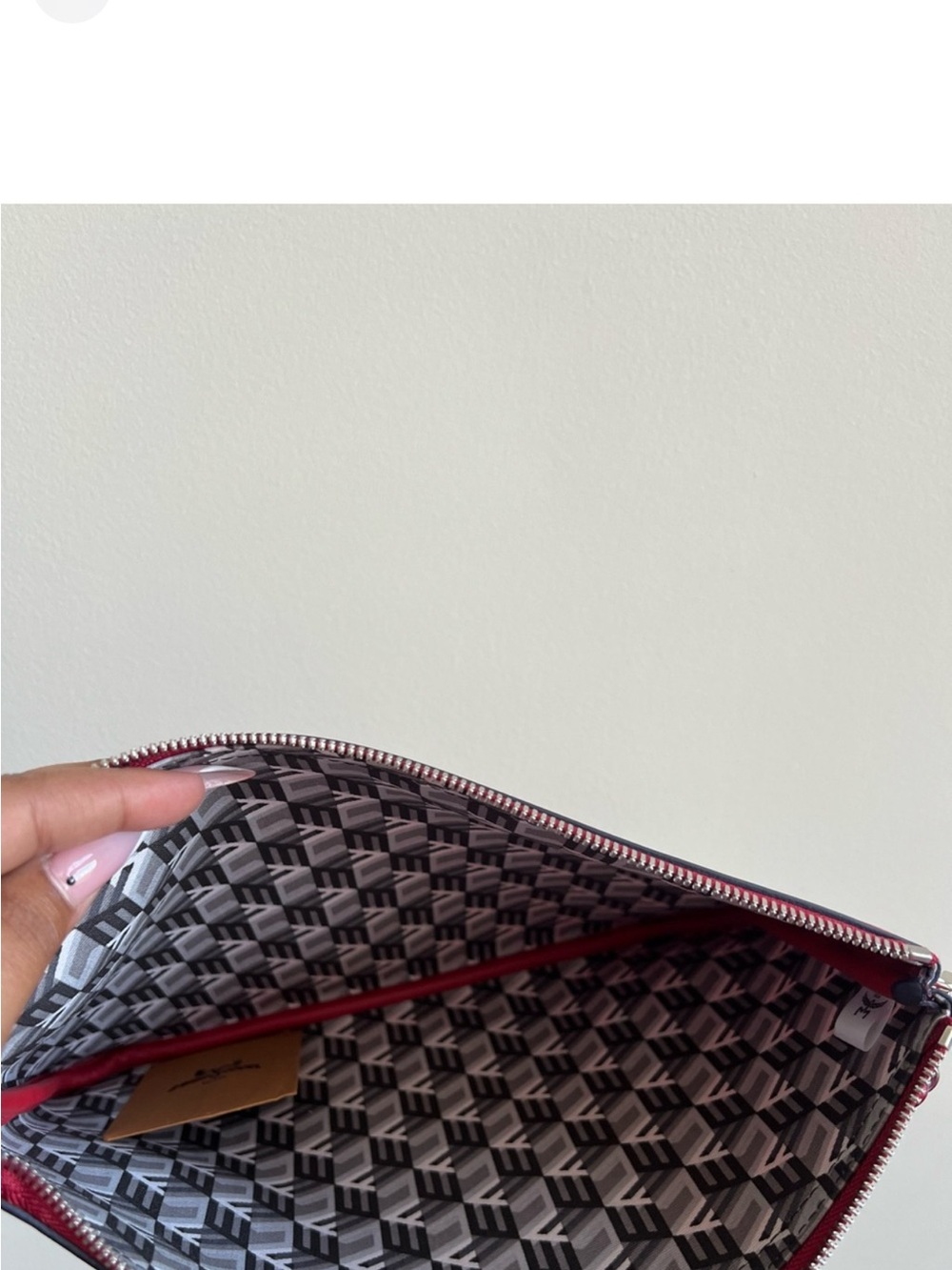 MCM Red Logo Print Leather Wristlet with Navy Accents - Picture 4 of 7